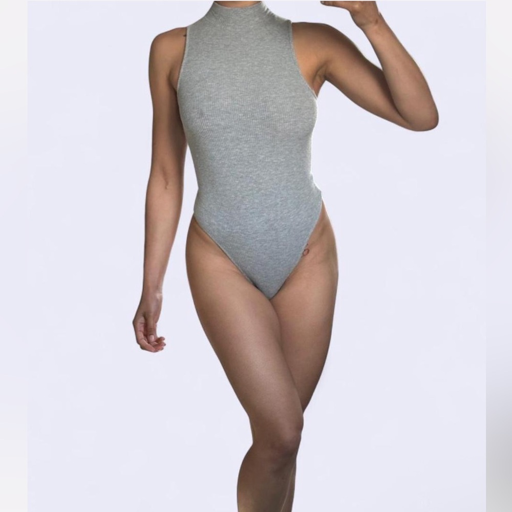 Aerie Ribbed High Neck Bodysuit in Heather Gray